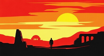 Silhouettes of people walking at sunset in a desert landscape.