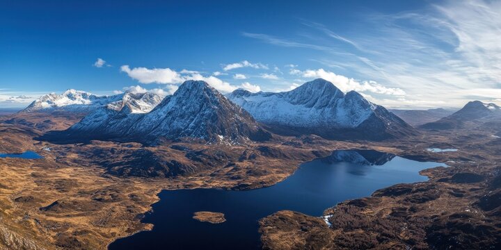 A dramatic aerial view of towering snow-capped mountains under a crisp blue sky