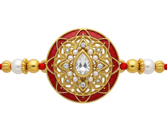 Beautiful indian rakhi raksha bandhan festival ornament with gold, red, white pearl and gemstone, isolated on transparent background