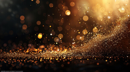 Naklejka premium Shimmering golden particles create magical atmosphere, evoking feelings of celebration and joy. soft bokeh effect enhances enchanting scene, perfect for festive occasions