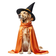 A cute golden retriever dog sits patiently wearing a black witch hat and a vibrant orange cape, perfect for halloween celebrations.