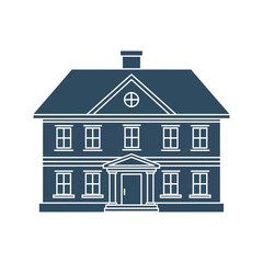 A two-story house with a chimney illustration in blue color scheme.