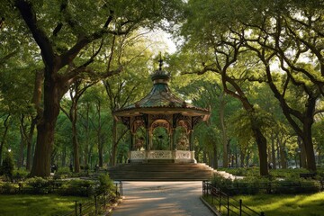 Obraz premium Gazebo in city park, sunny day, people relaxing, green trees. Ideal for tourism brochures