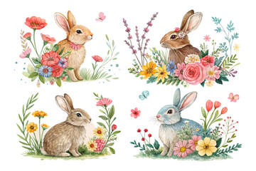 set of watercolor Bunny with flower vector illustration isolated on white background