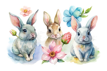 set of watercolor Bunny with flower vector illustration isolated on white background
