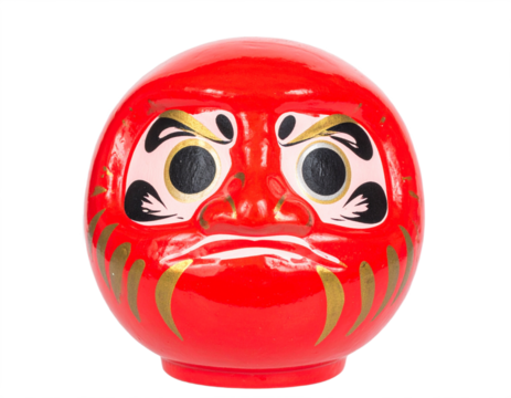 Vibrant red Daruma doll symbolizes perseverance and good luck, perfect for aspirational themes.