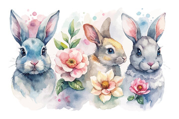 set of watercolor Bunny with flower vector illustration isolated on white background