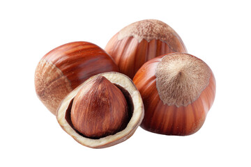 Three whole hazelnuts and one halved, displaying the nutmeat