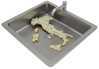 3D Illustration Of Italy Map Inside A Stainless Steel Sink With Water Tap