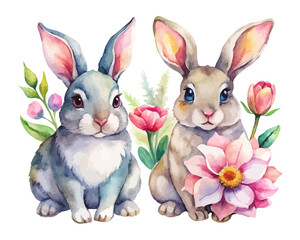 watercolor Bunny with flower vector illustration isolated on white background