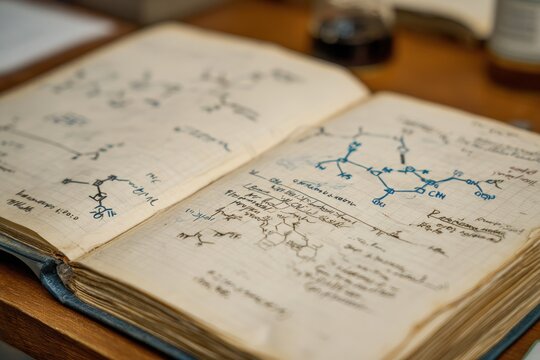 Chemist's Notebook Open on Wooden Table