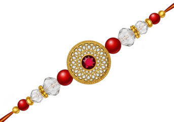 Beautiful golden rakhi with red and crystal beads, isolated on transparent background, symbolizing brothersister love and protection during the raksha bandhan festival