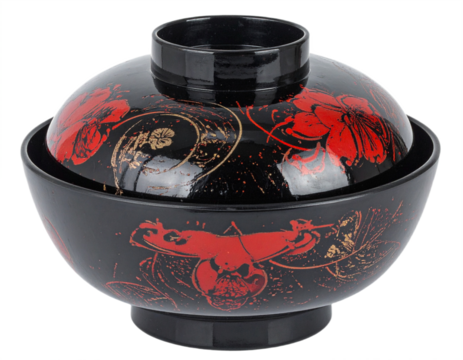 Elegant black serving bowl with vibrant red floral design, perfect for Asian cuisine or decorative display. - Powered by Adobe