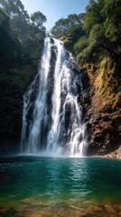 Majestic waterfall cascading into a tranquil pool.
