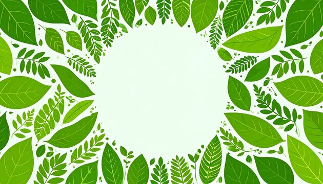 A circular frame of various green leaves and foliage against a light background
