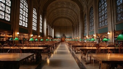 Fototapeta premium Grand library hall, quiet study, arched windows, bookcases, education