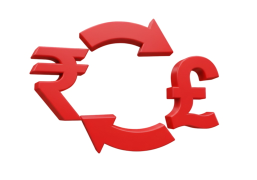 3D Illustration of Red Currency Exchange Symbol with Arrows on Transparent Background - Powered by Adobe