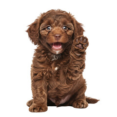 A charming brown puppy with curly fur sits happily, raising one paw as if waving or greeting. Perfect for pet related content.