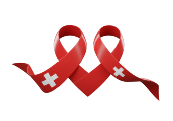 3D Illustration of Red Ribbons with Swiss Flag Design on Transparent Background