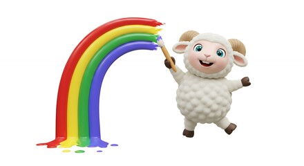 Obraz premium Cartoon sheep painting rainbow