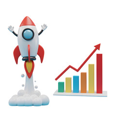 3D Illustration of Rocket and Growth Chart Representing Business Success on Isolated Transparent Background