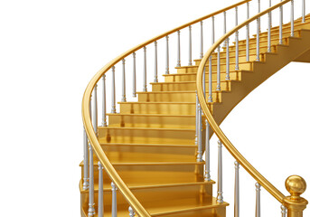 3D Illustration of Golden Spiral Stairs with Wood and Metal on Transparent Background