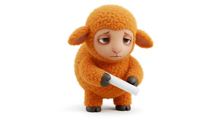 Cute sad orange sheep holding a white object