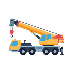 Yellow crane truck with hook on white background.