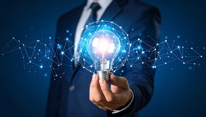 Businessman holding a glowing lightbulb with digital network connecting for creative business solutions and innovation
