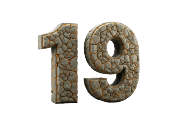 3D Illustration Of The Number 19 With Stone Texture And Orange Cracks Isolated On Transparent Background