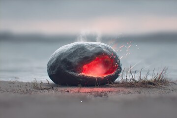 Burning stone, glowing red core, hazy backdrop