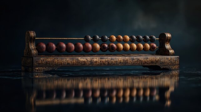 Antique abacus reflecting on dark surface, education concept