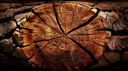 Wood texture showcases intricate patterns and natural beauty, highlighting rich brown tones and unique grain of tree stump. cracks and lines tell story of age and resilience