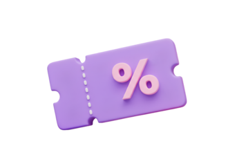 3D Illustration Purple Discount Coupon with Pink Percentage on Transparent Background