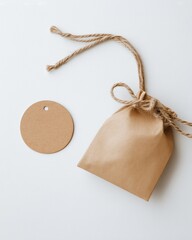 Kraft Paper Pouch with Twine and Blank Tag – Left Side Composition on White Background with Right Copy Space