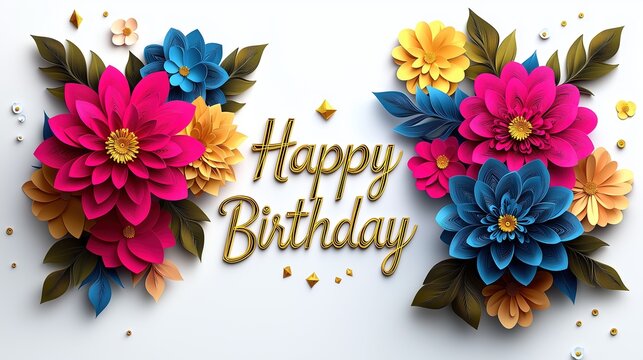 Birthday greeting with colorful paper - art flowers, 3D floral and golden text design - Powered by Adobe