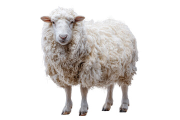 Fototapeta premium Fluffy white sheep, full-body shot, centered on black background