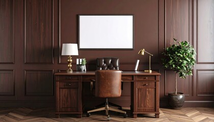 Elegant Executive Office with Blank Frame Dark Wood Paneling and Leather Chair.