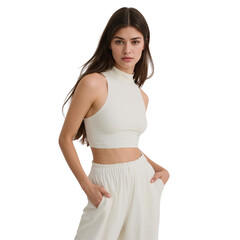 Elegant young woman in cream-colored attire exudes confidence against a seamless expanse