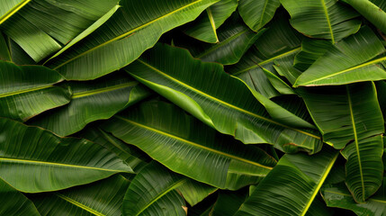 Lush green banana leaves create vibrant and tropical backdrop, showcasing their rich textures and varying shades of green. This natural arrangement evokes sense of tranquility and freshness