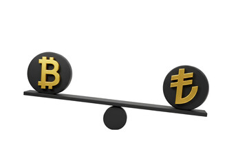 3D Render Bitcoin And Turkish Lira Balance On Black Isolated Background