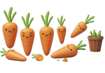 3D Render Cartoon Carrots With Smiling Faces and Green Leaves on Black Background