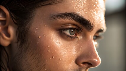 Close-up of brow and lashes with beads under soft studio glow