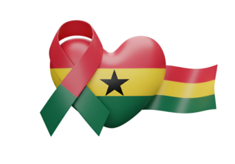 3D Render Ghana Flag Heart Symbol with Red Ribbon on Transparent Background