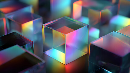 Black 3d background with glass chromatic cube block shapes render. Abstract crystal diagonal pattern with rainbow caustic effect, neon light holographic gradient. Digital tech bg. 3D illustration Stoc