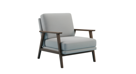 3D Render Of A Modern Isolated Armchair With Light Gray Upholstery And Wooden Accents