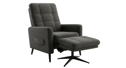 3D Render of a Modern Dark Gray Armchair With Ottoman Isolated on Black Background