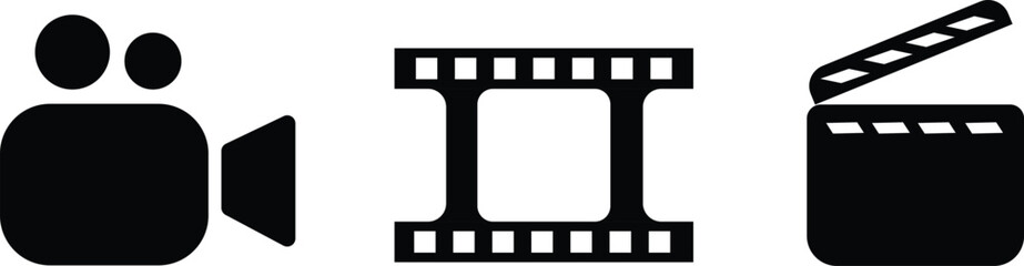 Cinema camera, film strip and and filming icons