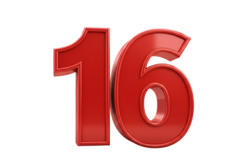 3D Render of a Red Glossy Sixteen Number Isolated on Transparent Background