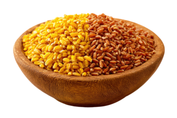 Wooden bowl filled with yellow and red grains